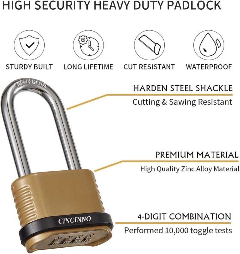 CINCINNO 4 Digit Combination Lock, Heavy Duty Combo Padlock with Long Shackle for Outdoor Use,Sheds, Locker, Storage Unit, Gym and Gate - Image 1